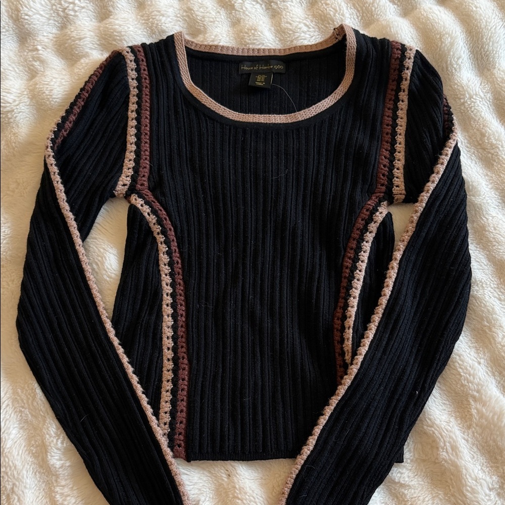 House of Harlow Black Ribbed Sweater with Crochet Accents